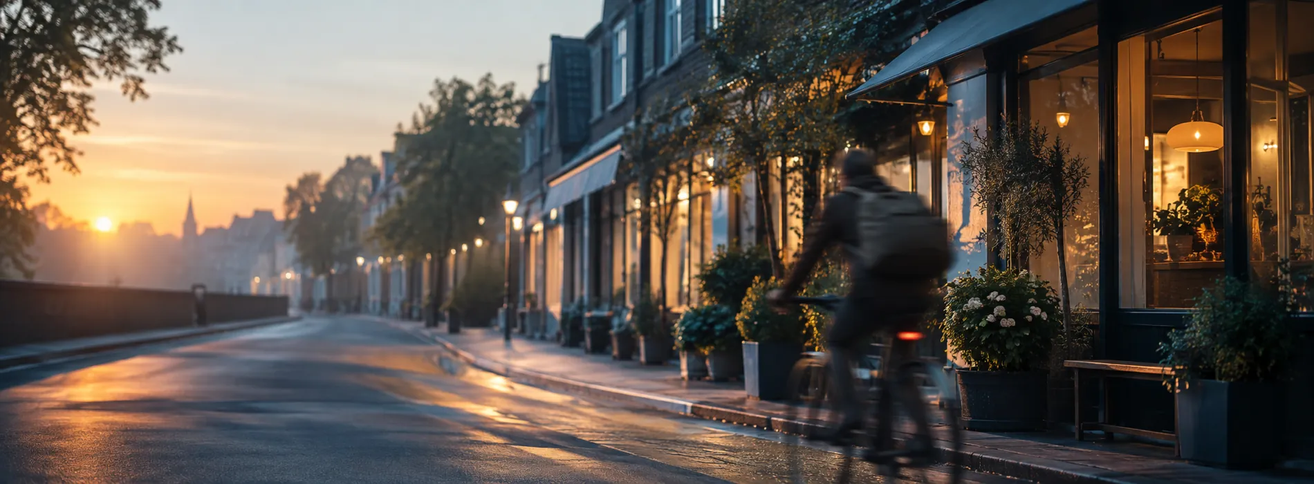 A quiet street of shopfronts at dawn with a cyclist passing and lights coming on