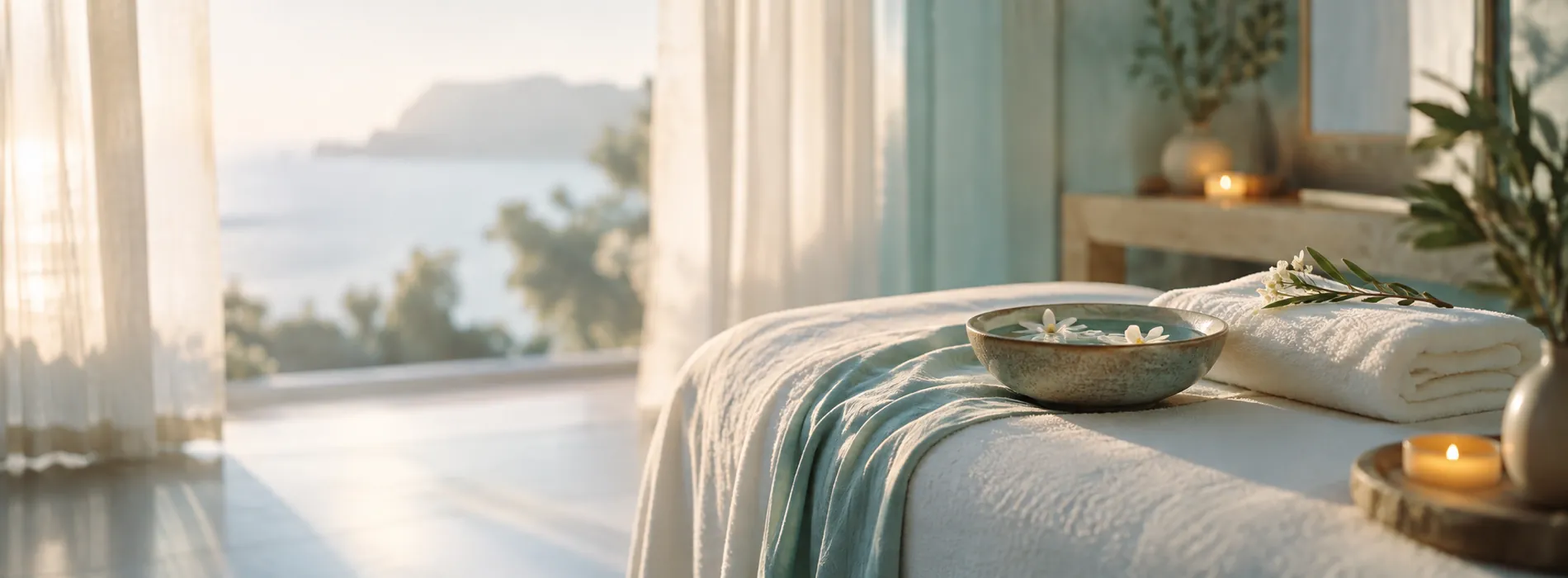 A treatment room with a folded towel, a bowl of water and petals, and sheer curtains open to the sea