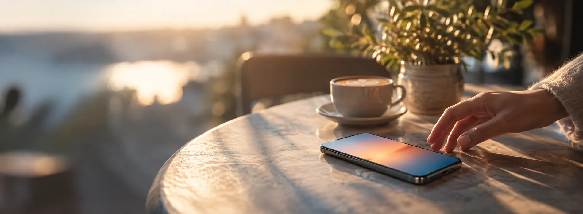 A phone on a café table beside a latte and a plant, a hand reaching for it in warm afternoon light