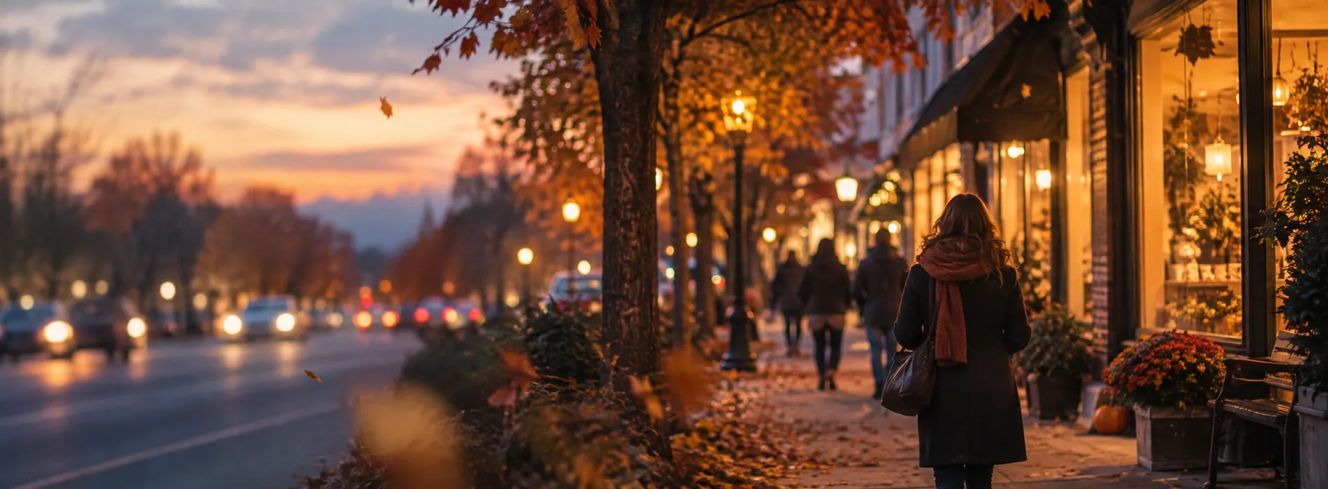 A tree-lined main street in autumn at dusk with glowing shop windows and people walking