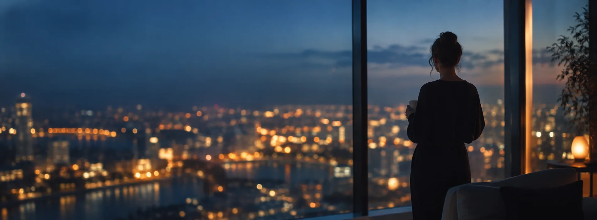 A woman seen from behind at a floor-to-ceiling window over a city at night