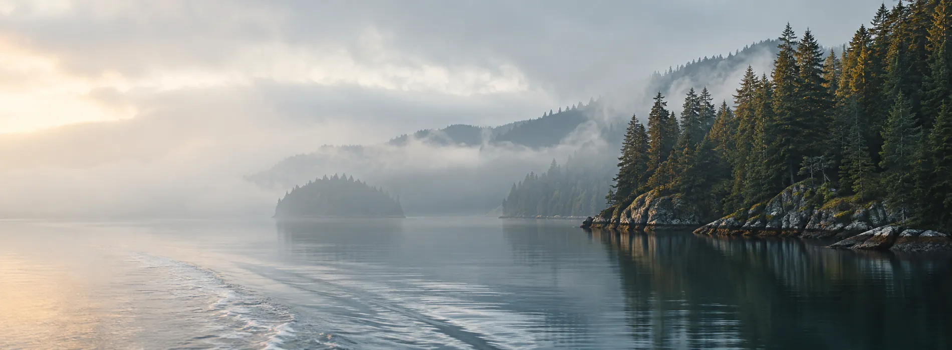 Evergreen forest meeting calm water under mist, a small island offshore