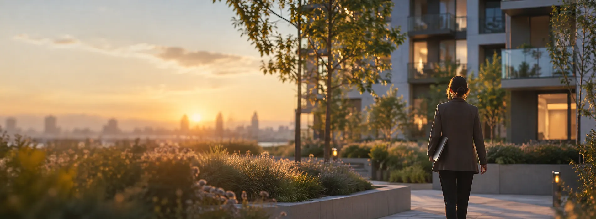 A property manager walking an apartment courtyard at sunrise, a tablet under one arm