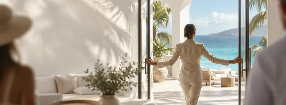 A real estate agent opening the glass doors of a white villa onto a turquoise sea as two people look on