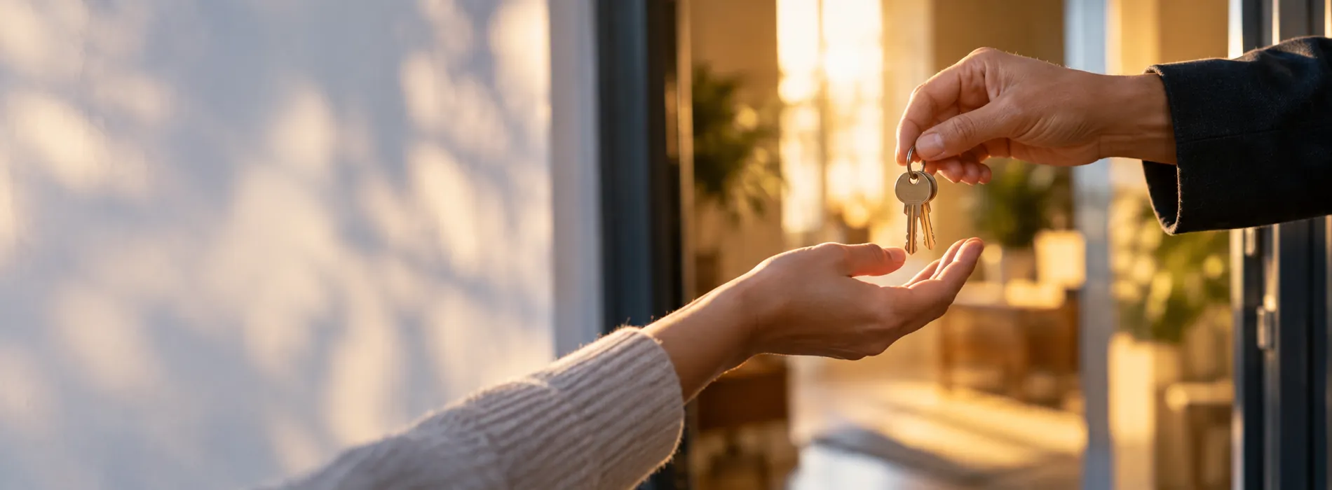 One hand passing house keys to another in the doorway of a sunlit home