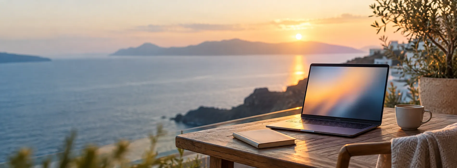A laptop, notebook and coffee on a balcony table overlooking the sea at sunrise