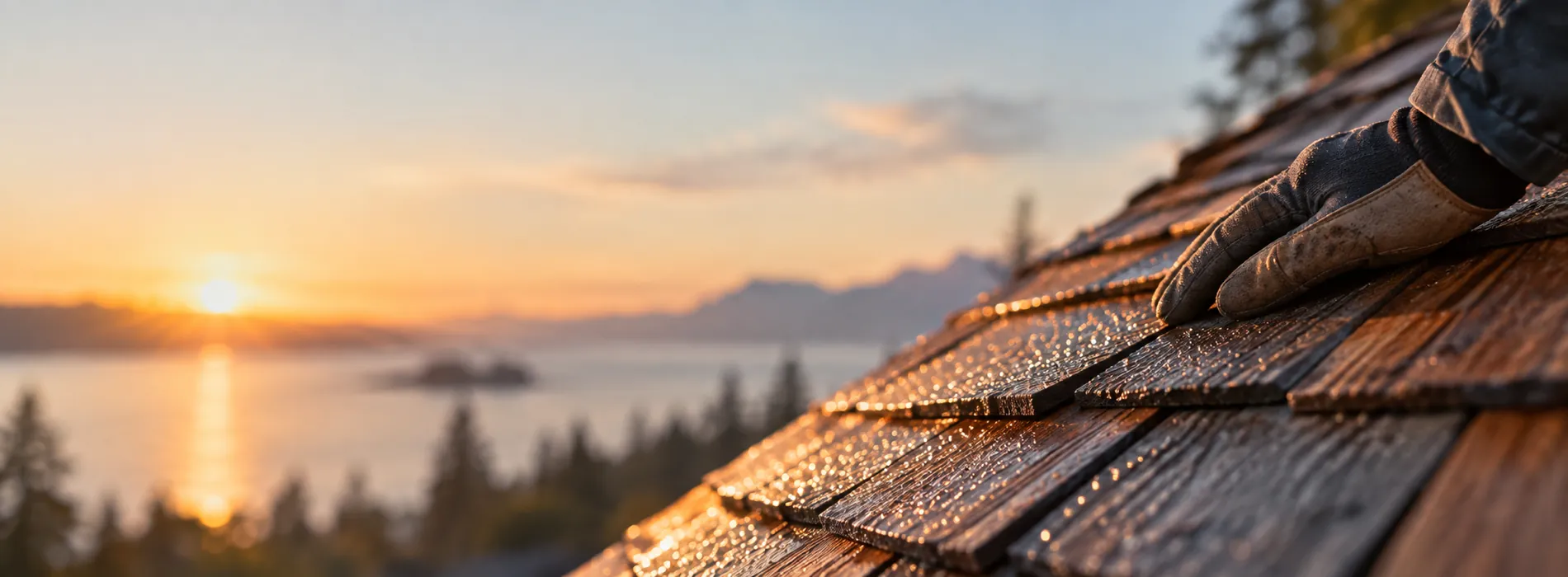 A gloved hand on dew-covered cedar shingles as the sun rises over water and hills