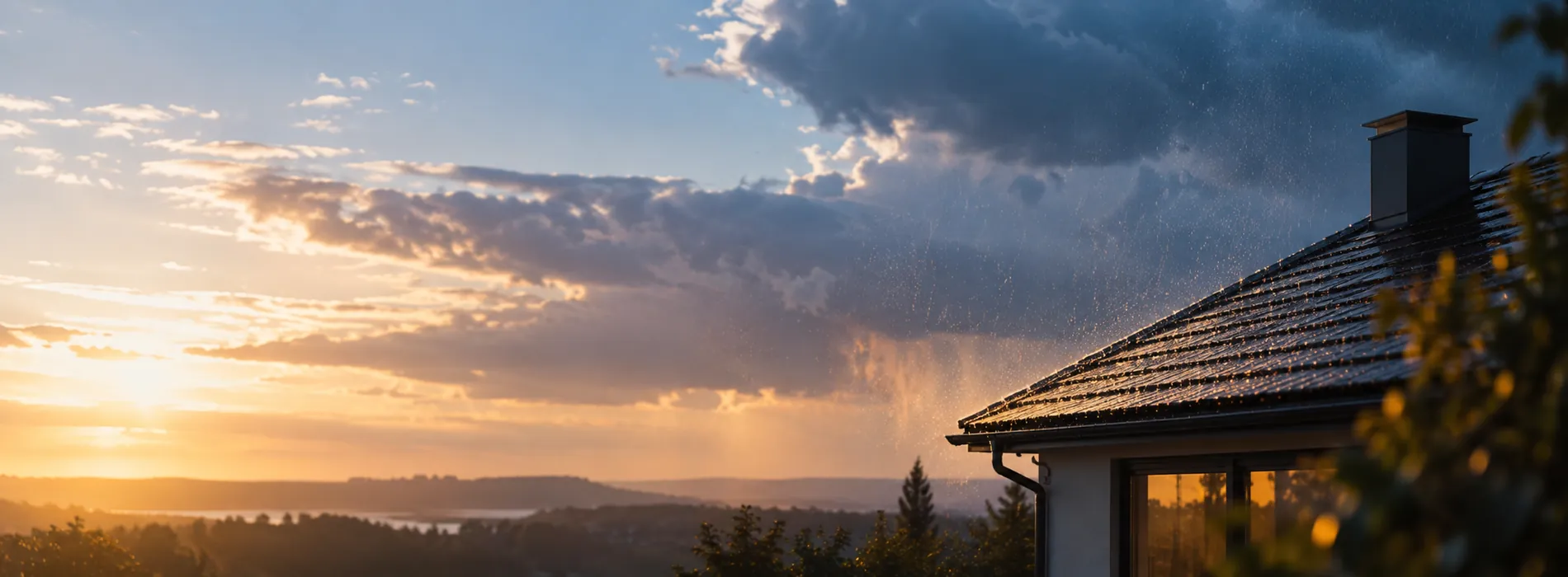 A house roof against a clearing storm sky, the last rain catching gold light
