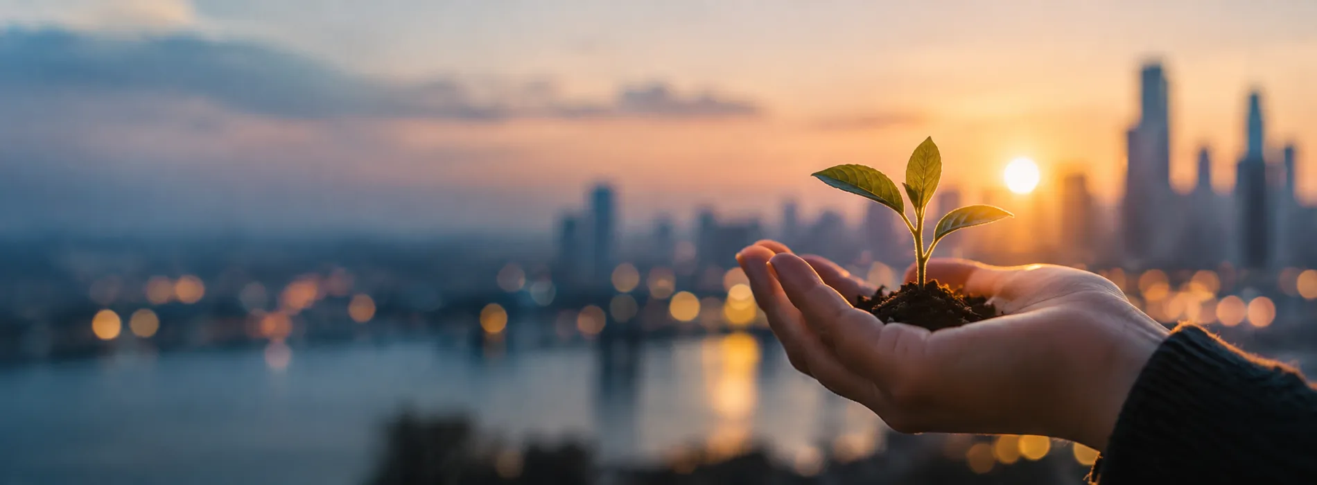 A hand holding a small green seedling in soil, a city skyline and river blurred at sunset behind it