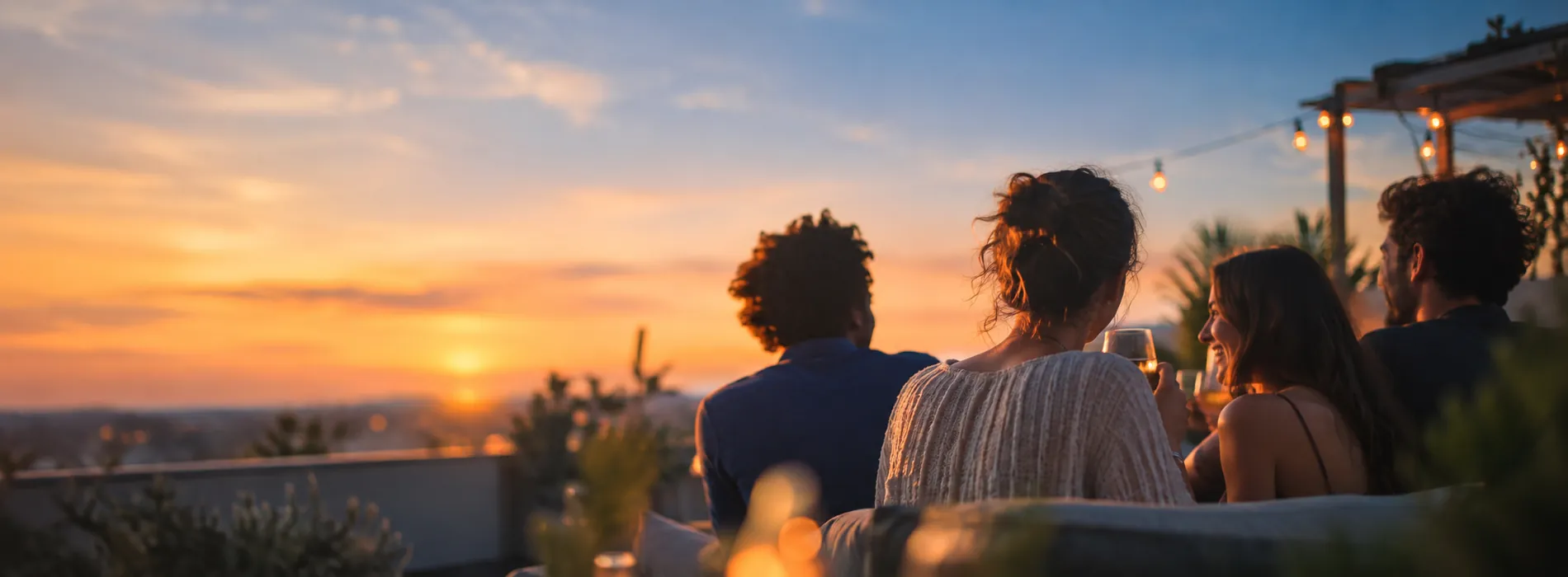 Friends sitting together on a rooftop at sunset under string lights, seen from behind
