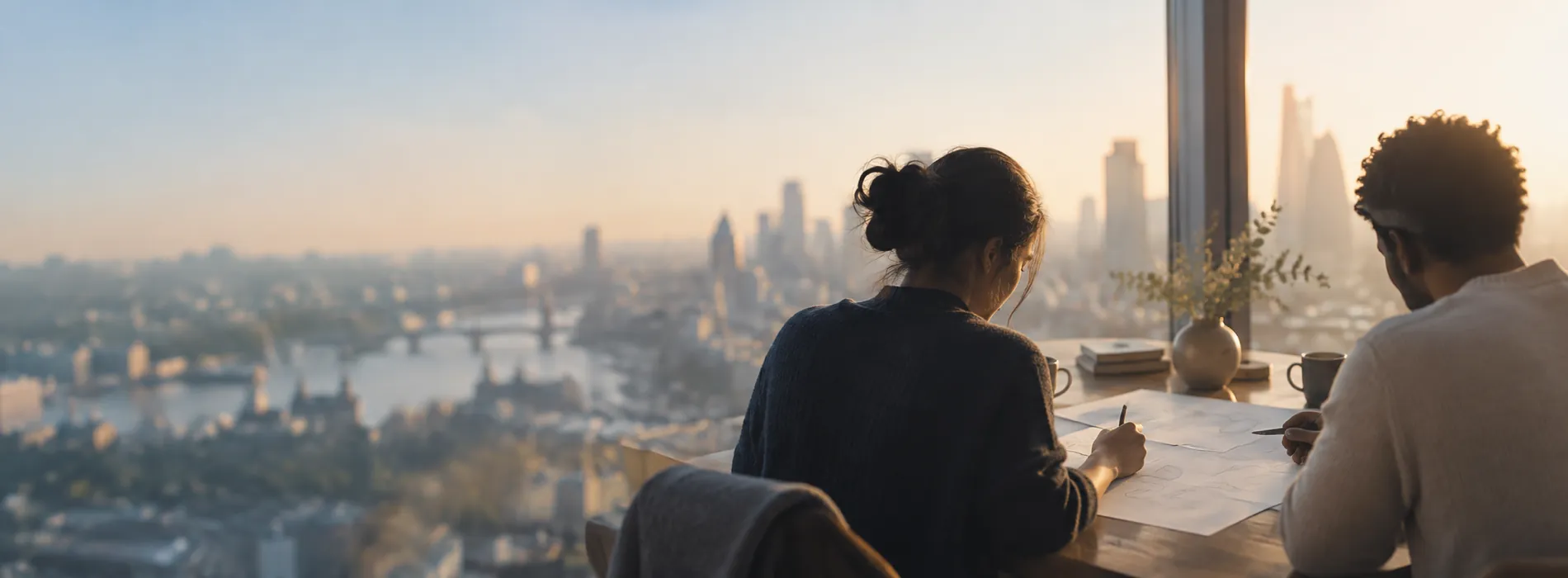 Two people sketching on paper at a window table high above a city in morning light