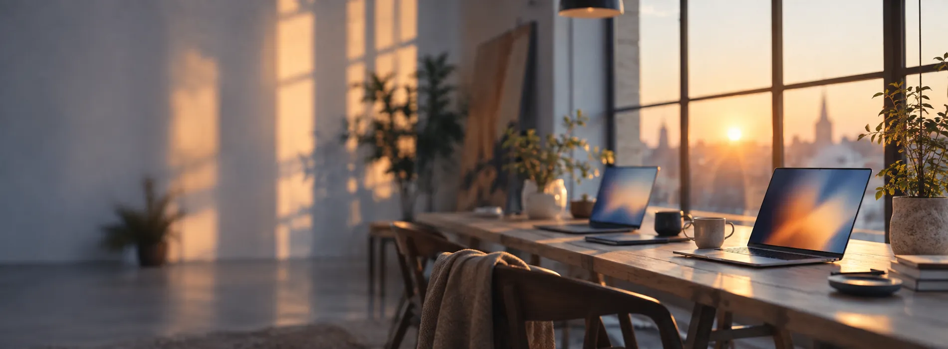 A long studio desk with two laptops, plants and coffee in sunrise light from tall windows
