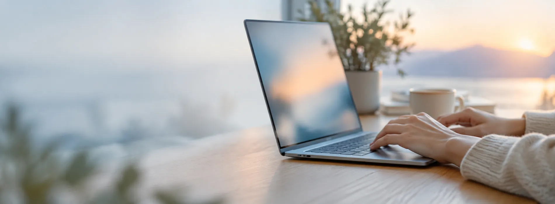 Hands typing on a laptop on a light wooden desk beside a coffee cup
