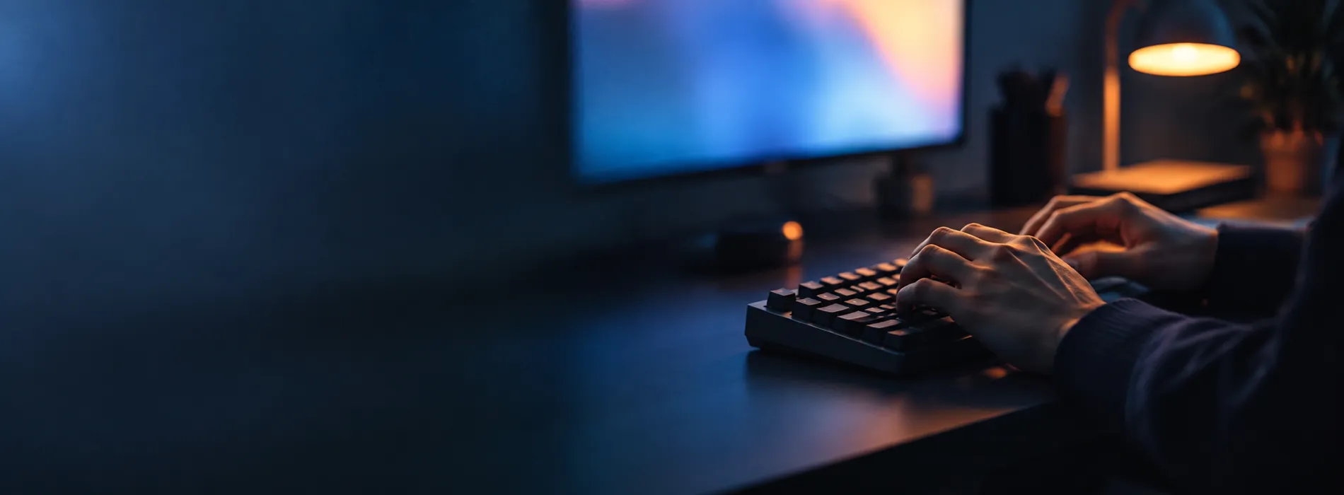 Hands typing on a keyboard in a dark studio lit by a blue monitor and a warm desk lamp