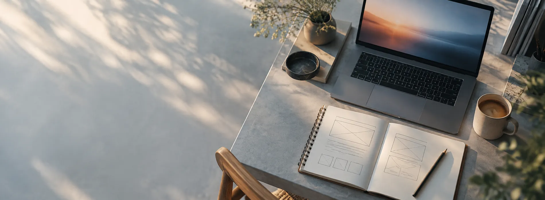 A desk from above with a laptop, a sketchbook of wireframe boxes, a pencil and a coffee in morning light