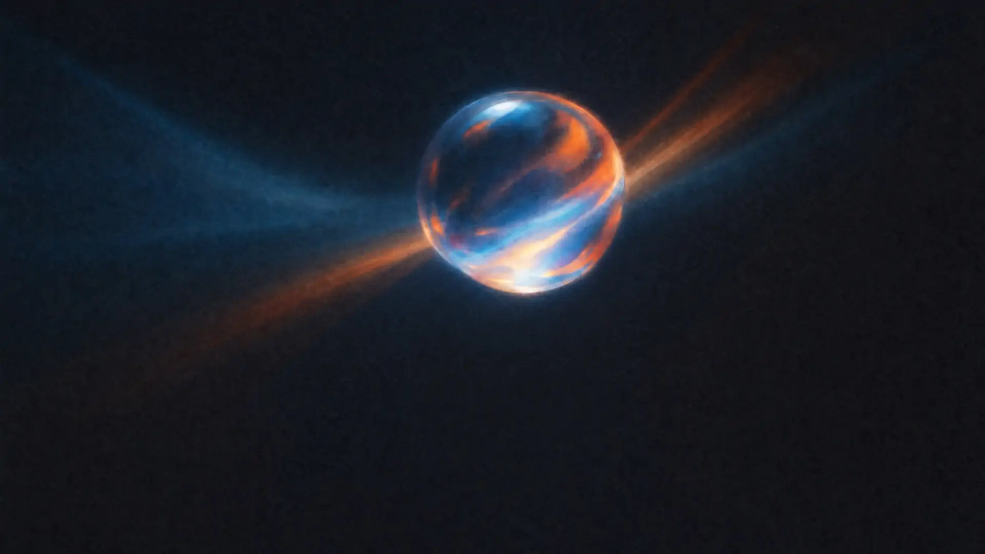 Hero video still: a glowing glass sphere crossed by streaks of blue and orange light on a dark background
