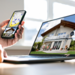1 - Kihan Marketing Person holds a phone showing a property map with blue pins while a laptop screen displays a two‑story house with a patio.