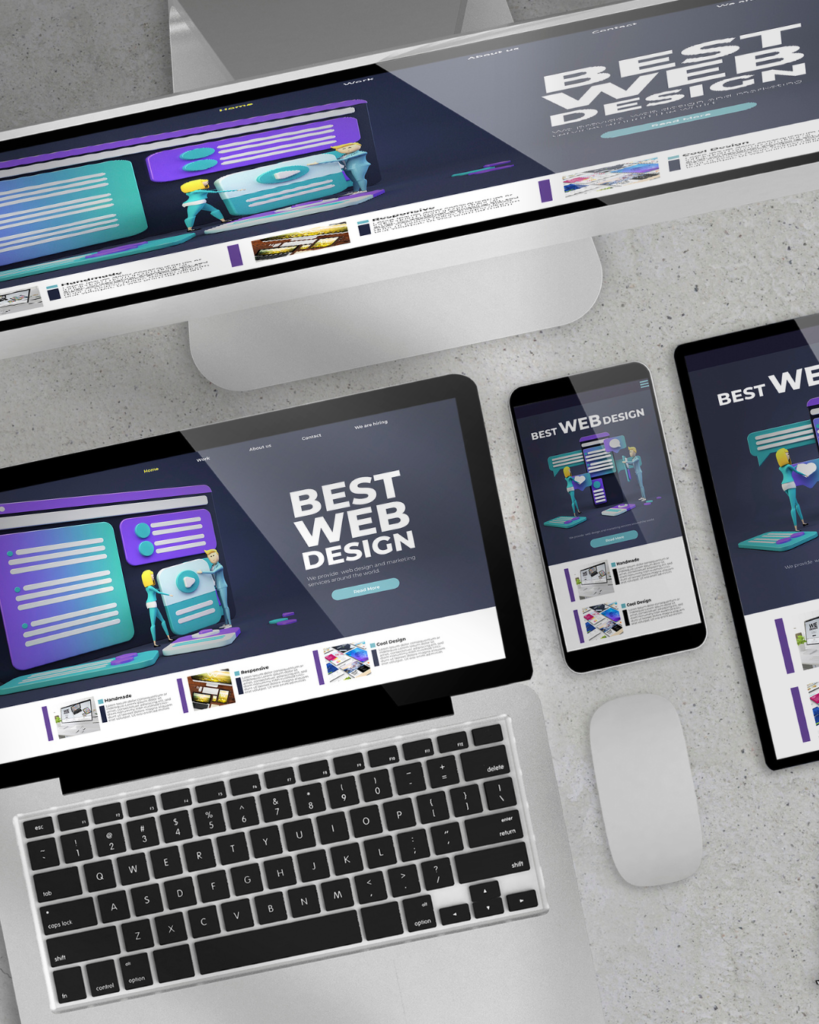Devices (desktop, tablet, phone) displaying a 'Best Web Design' portfolio to show responsive web design across screens.