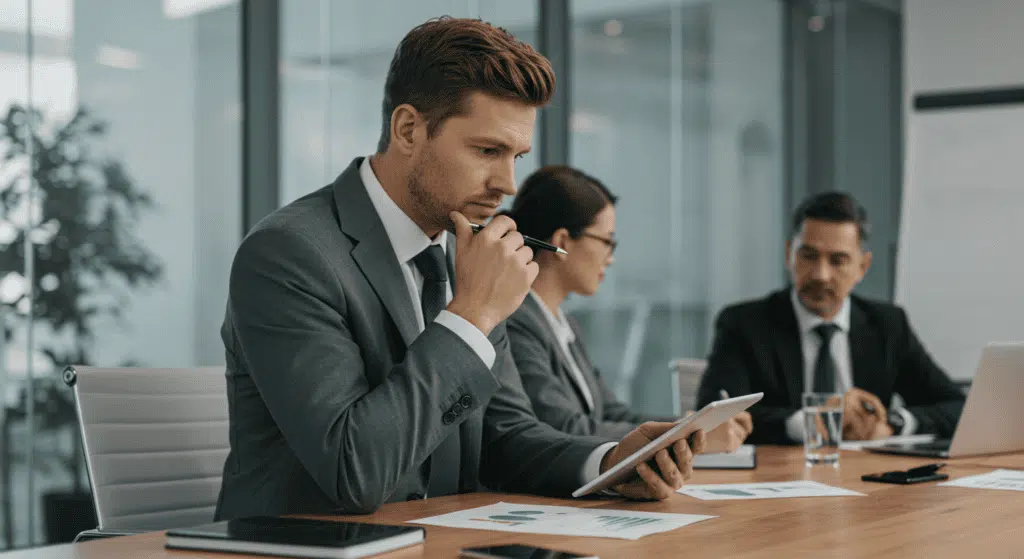 Businessman in a gray suit reviews a tablet at a conference table, looking thoughtful.