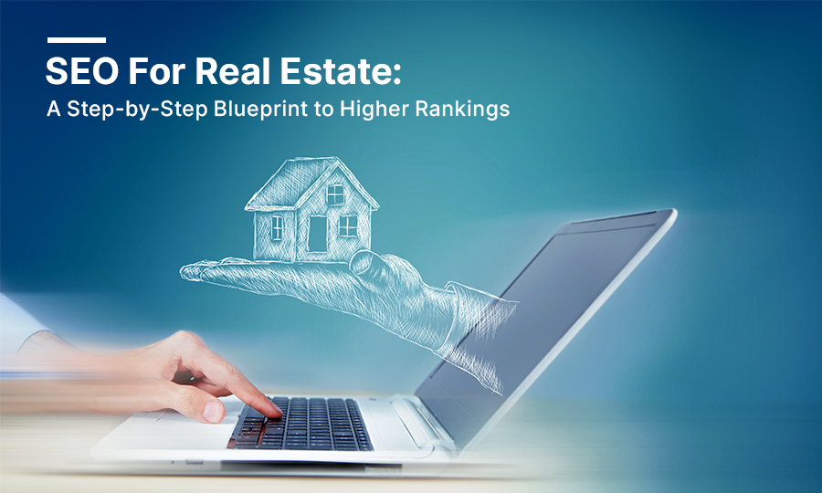 Holographic hand holding a house above a laptop, illustrating a real estate SEO blueprint for higher rankings.