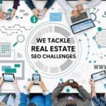 Our-Proven-Process-1 - Kihan Marketing Top-down view of diverse professionals around a table with laptops and tablets, centered on a graphic circle that reads 'We tackle real estate SEO challenges'