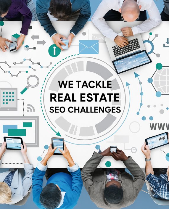 Top-down view of diverse professionals around a table with laptops and tablets, centered on a graphic circle that reads 'We tackle real estate SEO challenges'