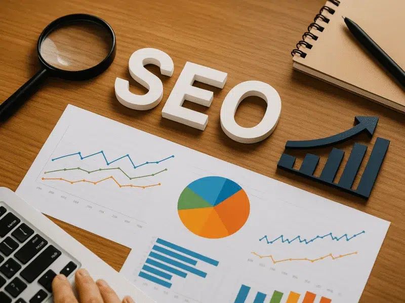 SEO concept image with charts and a magnifying glass on a wooden desk, showing analytics graphs and a notebook edge.