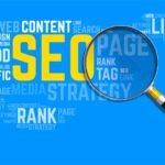 SEO-Tips-for-Small-Businesses - Kihan Marketing Blue background with large yellow 'SEO' word and a magnifying glass over it among related SEO terms like content and keywords (search engine optimization).