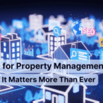 SEO-for-Property-Management-768x432-1-1 - Kihan Marketing Digital cityscape with data icons and an overlay title: 'SEO for Property Management: Why It Matters More Than Ever'