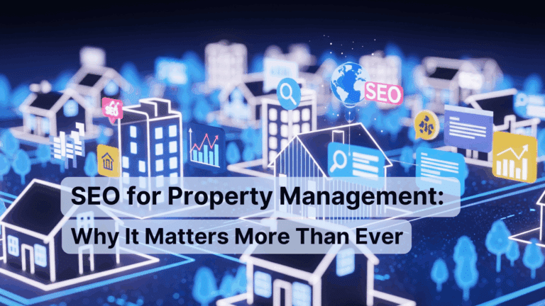 Digital cityscape with data icons and an overlay title: 'SEO for Property Management: Why It Matters More Than Ever'