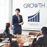 business-success-report-graph-concept-scaled-1 - Kihan Marketing Business presenter in a blue suit stands by a large 'GROWTH' graphic on a screen as colleagues listen around a conference table.