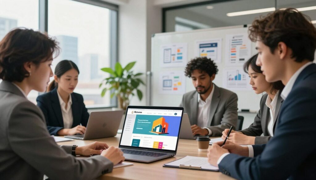 Five professionals in business attire sit around a conference table with laptops, collaborating in a modern office.