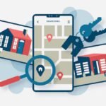 flat-design-real-estate-searching-with-gadgets_23-2148653817-1 - Kihan Marketing Smartphone shows a map with property pins and a magnifying glass, surrounded by sale-facing real estate photos and icons.
