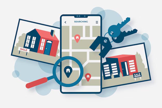 Smartphone shows a map with property pins and a magnifying glass, surrounded by sale-facing real estate photos and icons.