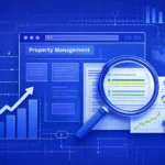 property-management-seo-blueprint-blog-hero-clearlead-digital - Kihan Marketing Property Management dashboard with charts, magnifying glass, and checklists signaling analysis and optimization.