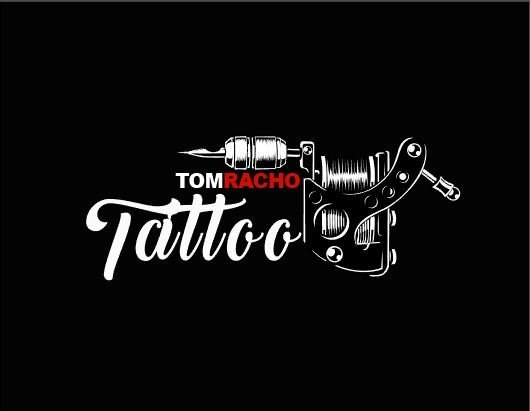 Tom Racho Tattoo logo featuring a vintage tattoo machine and cursive 'Tattoo' on a black background.
