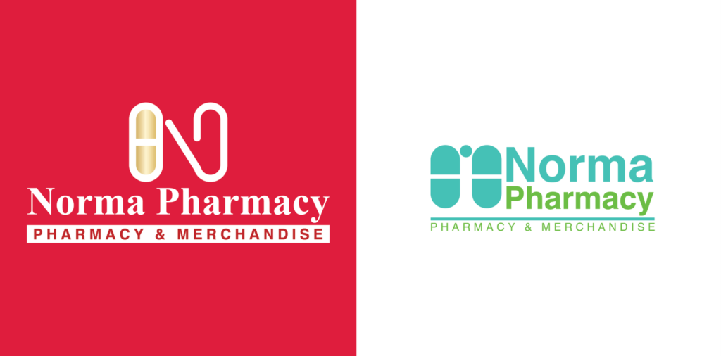 Two Norma Pharmacy logos side by side: left on red background with white text, right on white background in teal/green with pill-shaped icons.