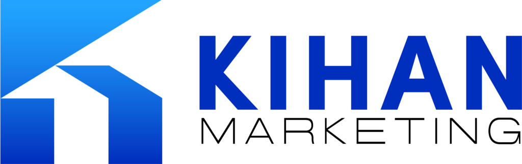 KIHAN logo: bold blue wordmark with a stylized blue geometric house shape on the left on a black background.