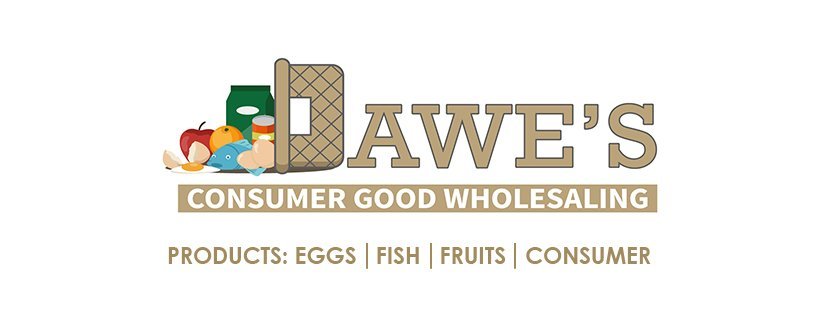 Pawe's Consumer Good Wholesaling logo with groceries, a cutting board, and the tagline 'Products: Eggs | Fish | Fruits | Consumer'.