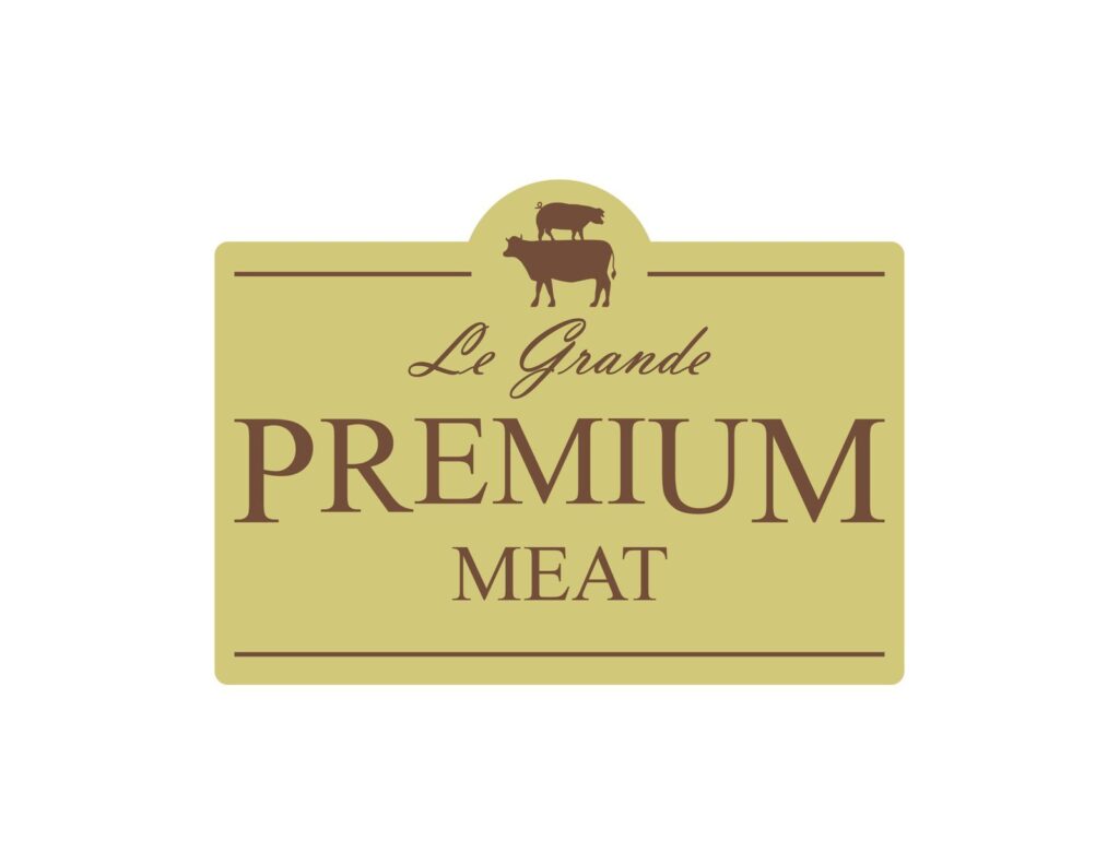 Premium meat label with brown text 'Le Grande' and large 'PREMIUM MEAT' on a gold badge with cow silhouettes above