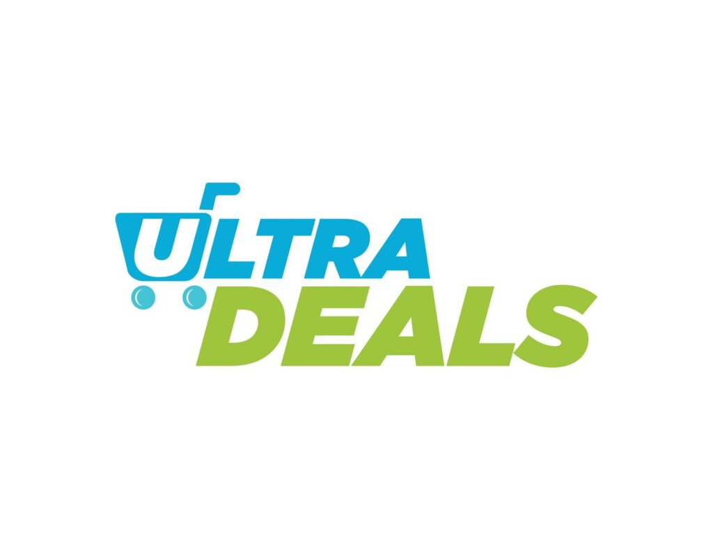 Logo for Ultra Deals: blue 'ULTRA' and lime-green 'DEALS' with a teal shopping-cart motif.