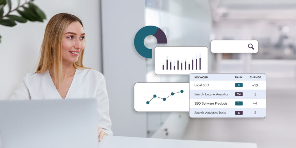 Woman at a desk with a laptop; floating dashboards, charts, and a search icon indicating analytics work in progress.
