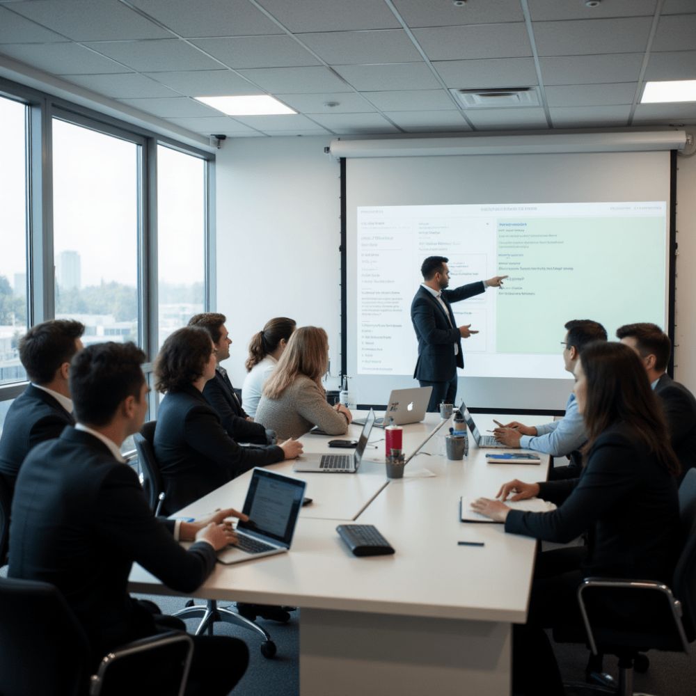 Businessman in a suit presents at a projector screen to a conference room full of colleagues around a long table with laptops.
