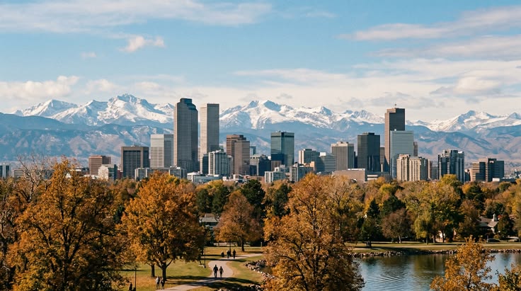 City skyline with tall office buildings and snow-capped mountains in the background; autumn trees in a park and a lake in the foreground.