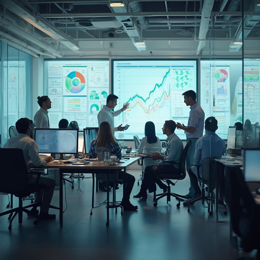 Team of professionals in a meeting room presenting financial charts on a large screen behind them.