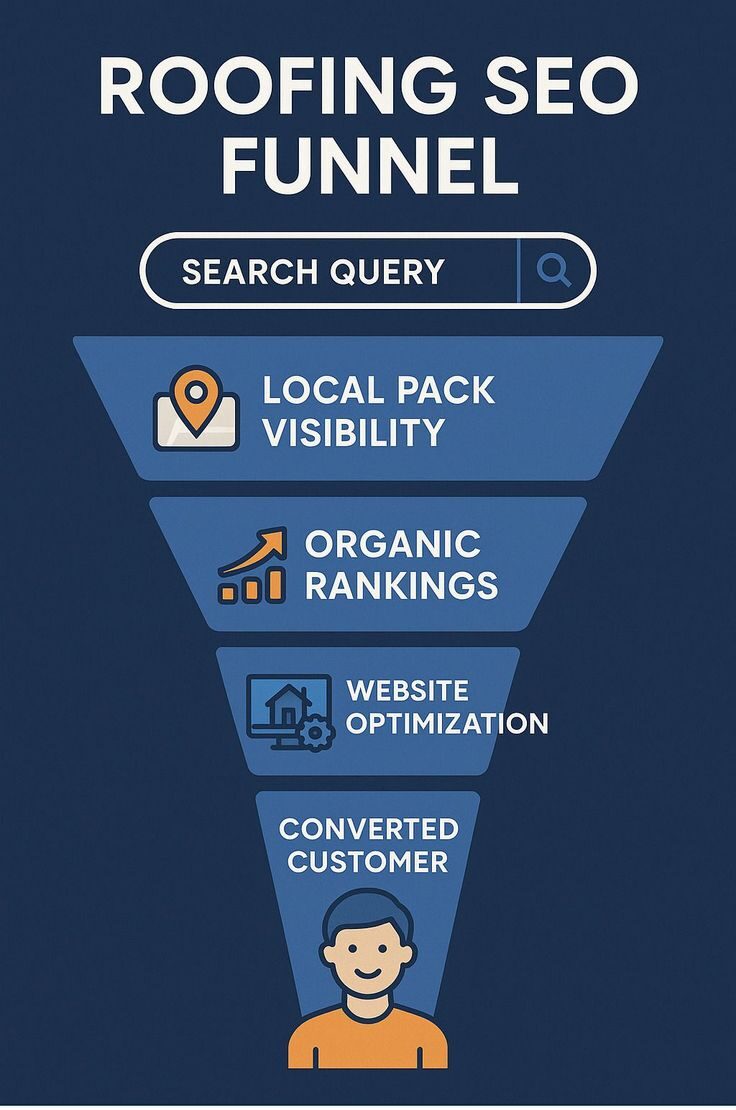 Infographic funnel titled 'Roofing SEO Funnel' showing stages: Local Pack Visibility, Organic Rankings, Website Optimization, Converted Customer with a cartoon person at bottom.