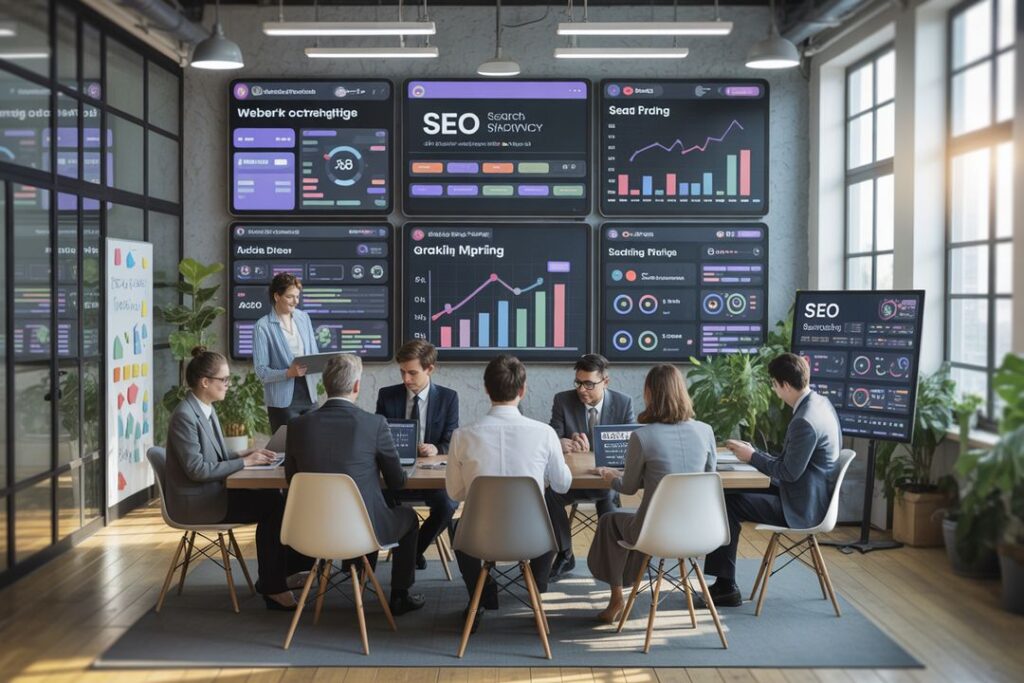 Team of professionals around a conference table in a glass-walled office, reviewing multiple data dashboards on wall-mounted screens.
