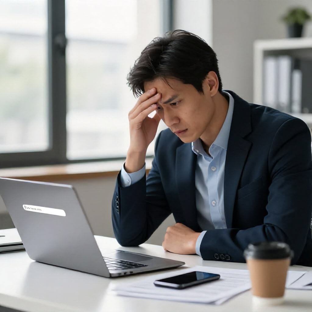 Young businessman in a dark suit at a desk, head in his hand, looking worried while working on a laptop.