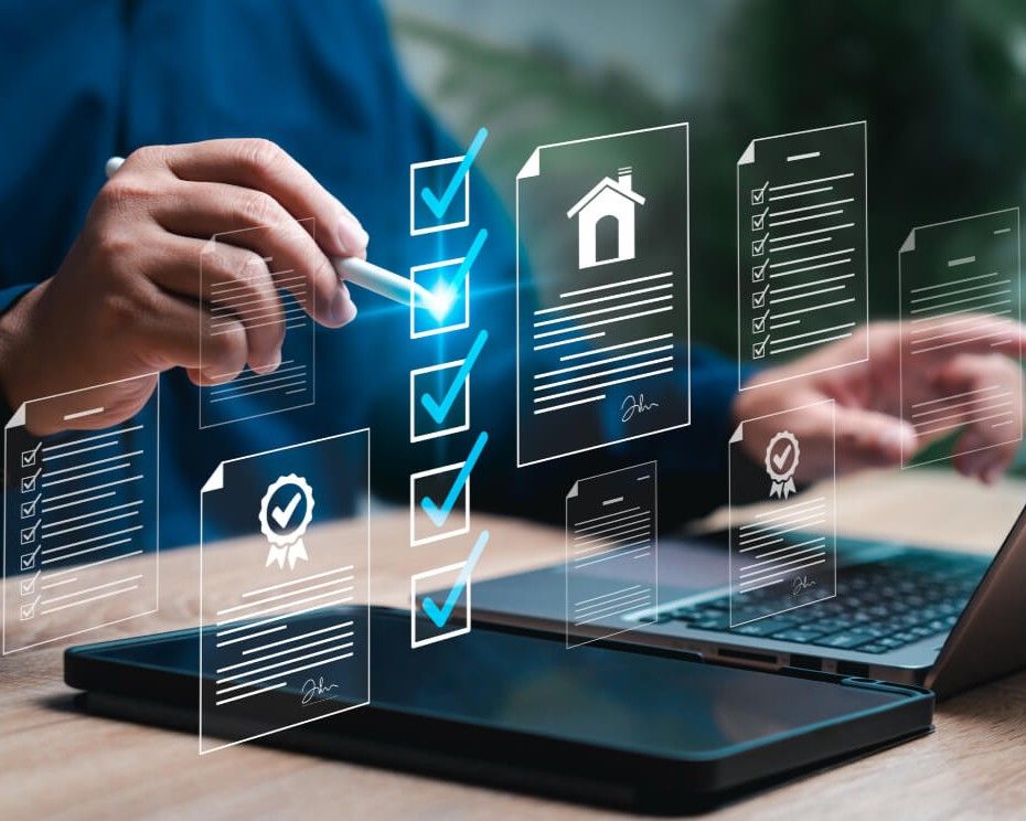 Digital checklists and documents with blue check marks over a tablet and laptop, signifying online approvals and forms.