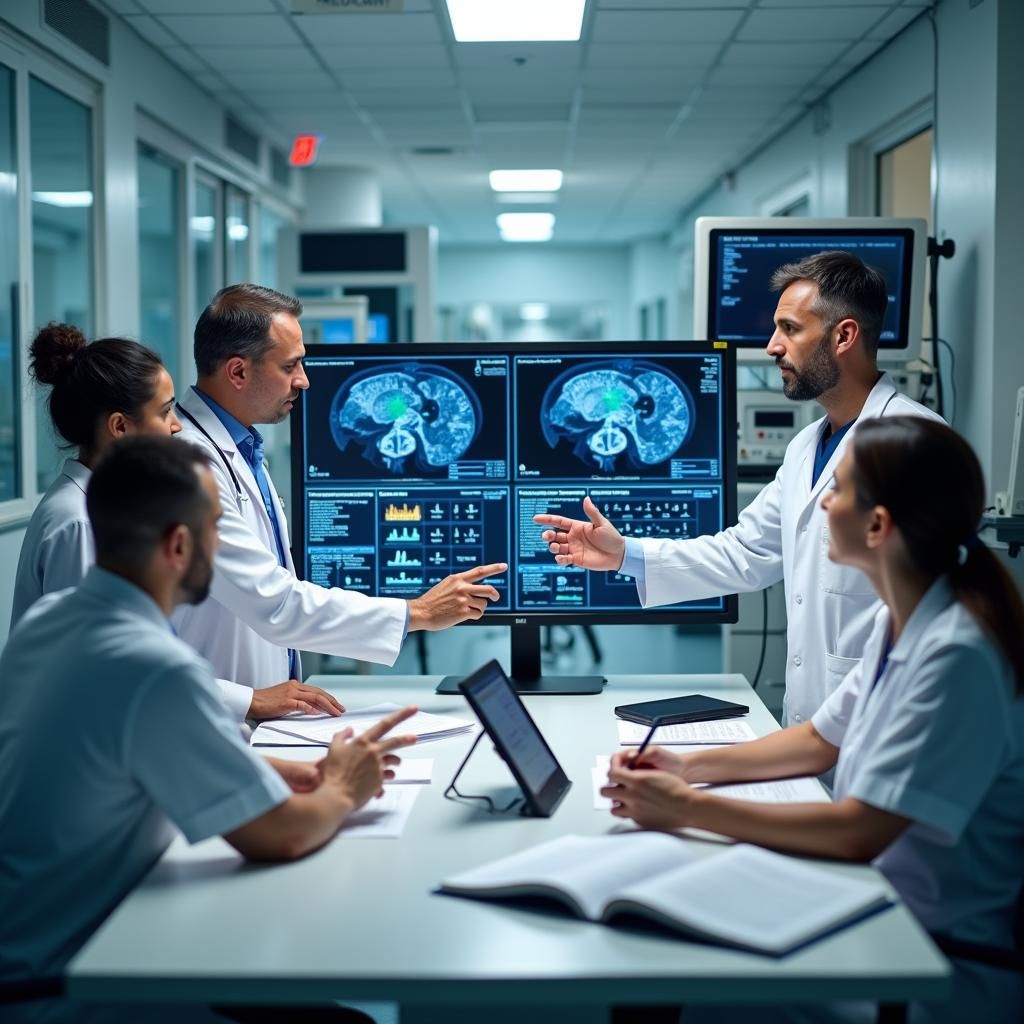 Team of doctors in a hospital conference room discussing brain MRI scans displayed on dual monitors at the center of the table.